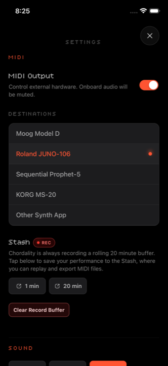 Chordality MIDI output settings