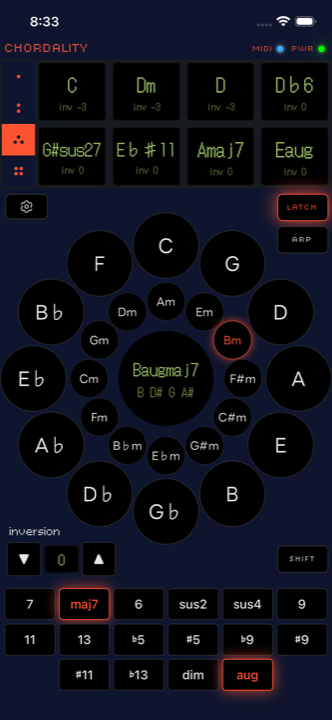 Chordality chord wheel and saved chord view